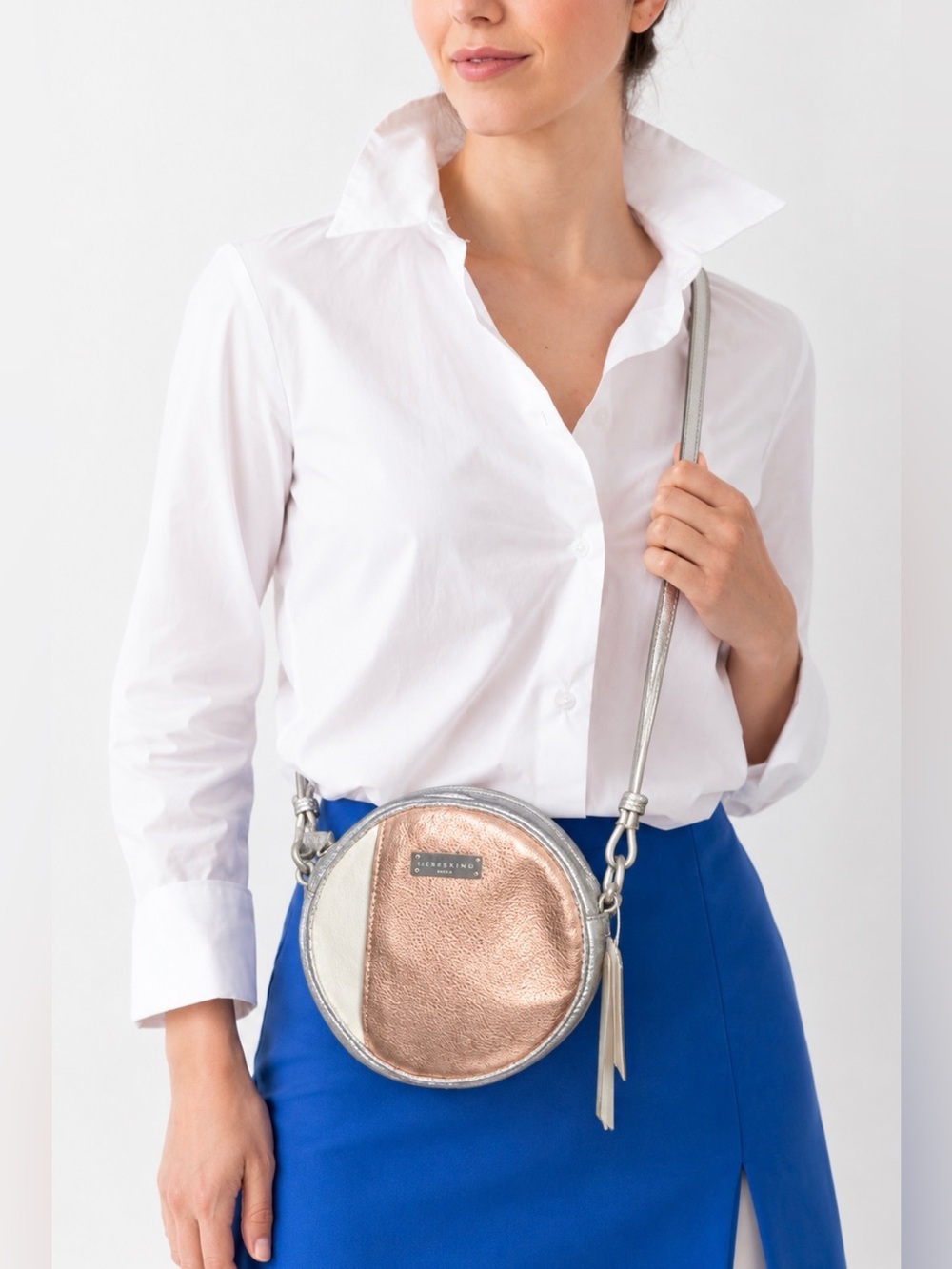 ADRIENNE LANDAU Round Cross Body Bag Purse Silver & Bronze Gold & White NWT